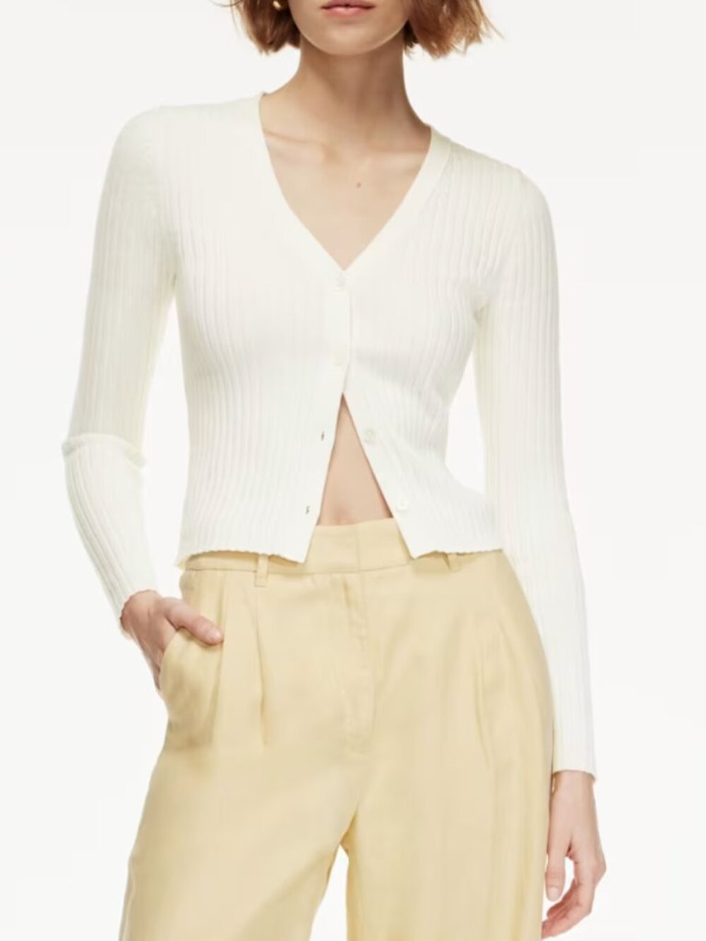 Aritzia WILFRED Manila Cardigan XS Ribbed Wool Blend White/Cream